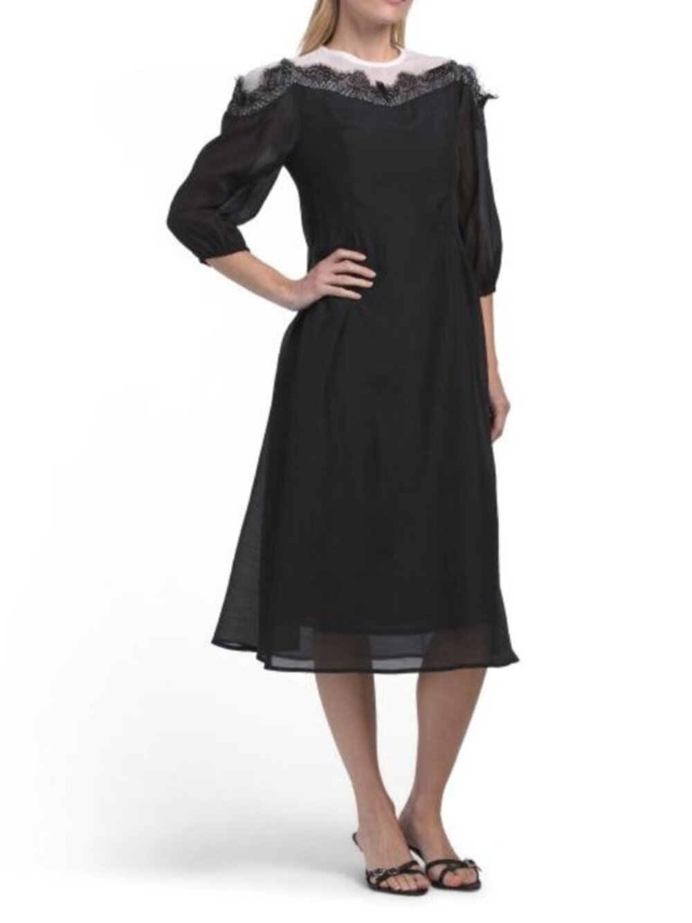 NANCY YANG Lace Trim Midi Dress